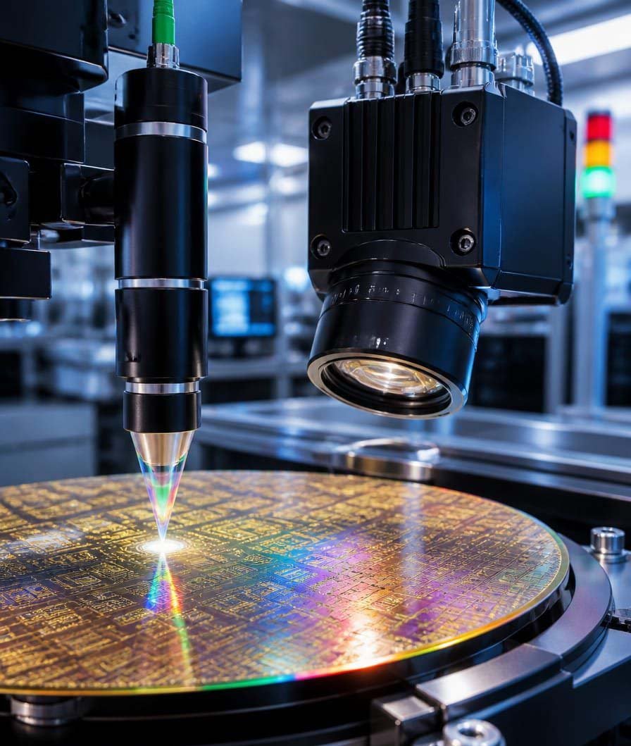 Spectral confocal displacement sensor and 3D camera inspecting a semiconductor wafer