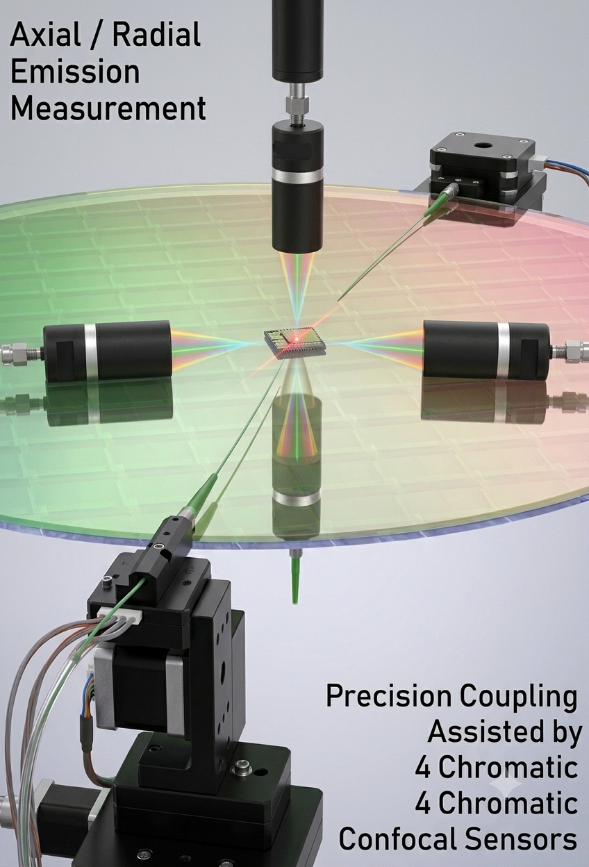 4-Sensor Chromatic Confocal Assisted Precision Alignment and Coupling System for Optical Module Chips and Fibers
