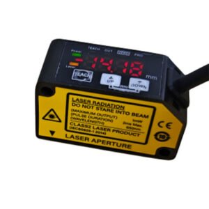 Compact laser displacement sensor with digital display showing measurement value